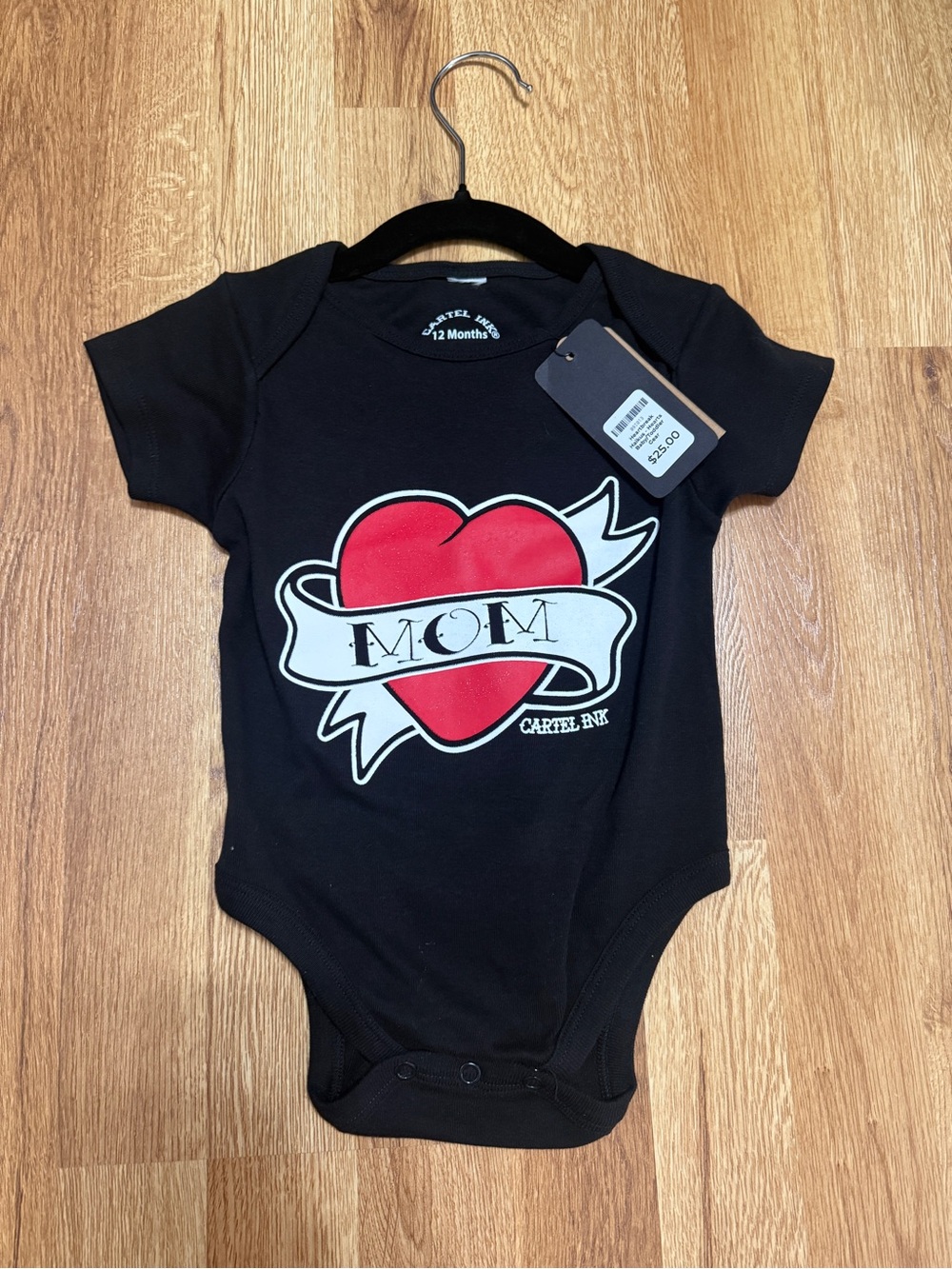 Black Baby Bodysuit with Red Heart 'MOM' Graphic